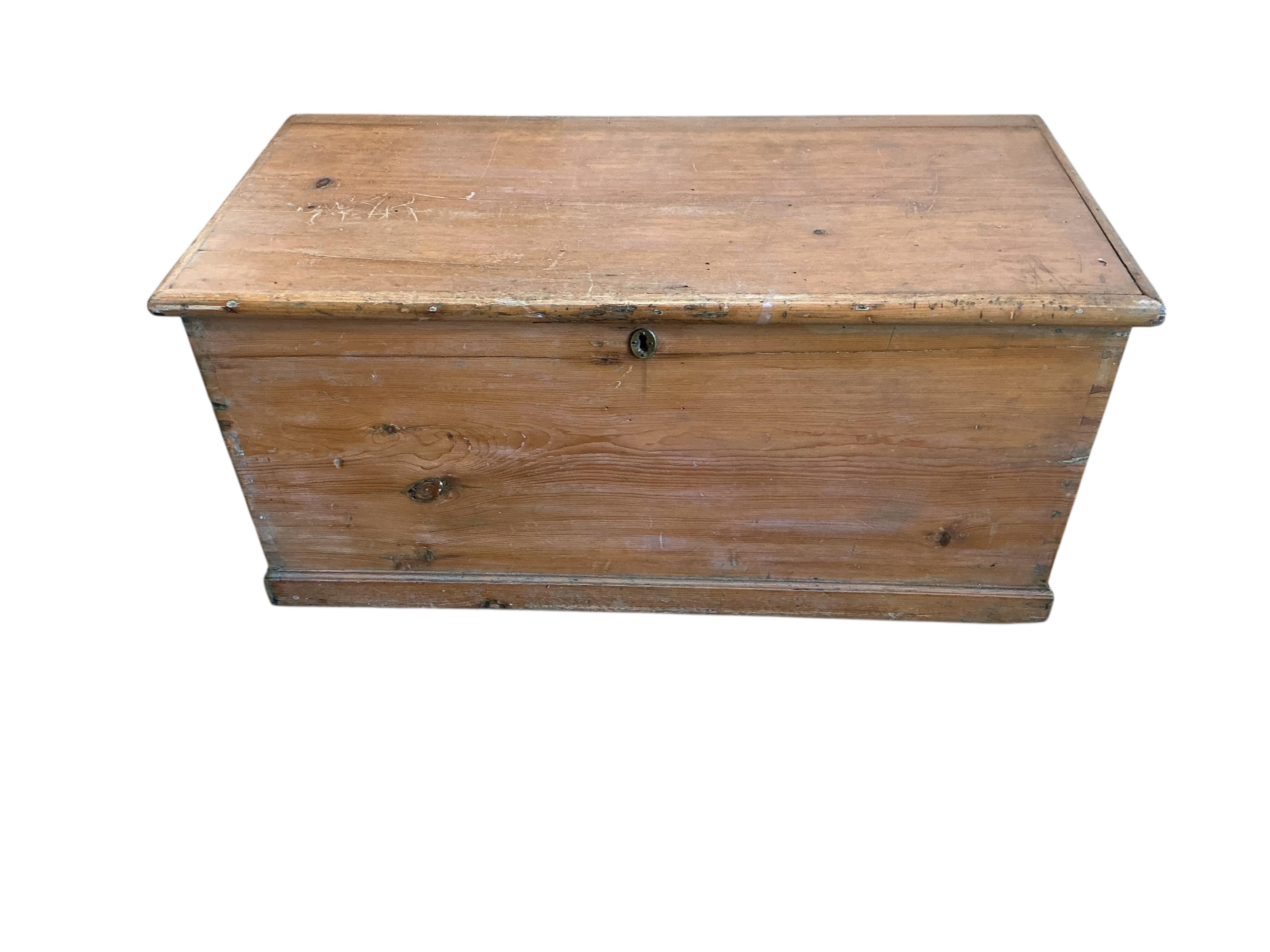 Two Victorian rectangular pine trunks, larger width 107cm, depth 52cm, height 50cm
